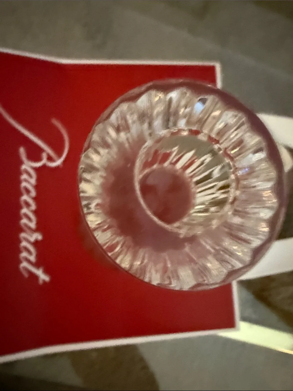 Baccarat Clear Crystal Taper Candle Holder with Red Backdrop
